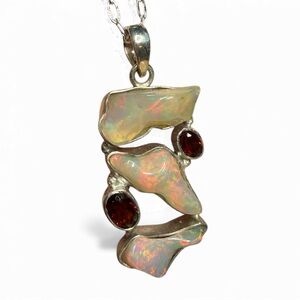 Natural Ethiopian Opal Garnet Pendant Necklace 925 Sterling Silver Handmade